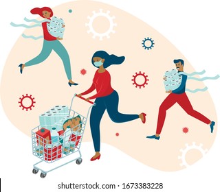 Coronavirus Panic Shopping. Terrified People Runnig with Full Carts buying all Groceries They Can Find In Supermarkets. COVID-19 Concept Flat Vector 