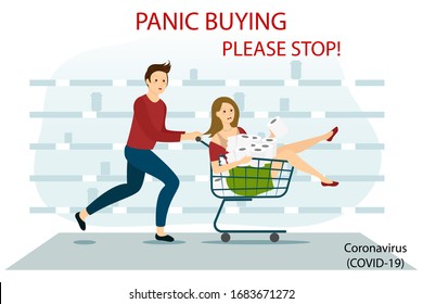 Coronavirus Panic Shopping. Terrified Woman And Man Runnig With Full Cart Buying. COVID-19 Concept Flat Vector Characters