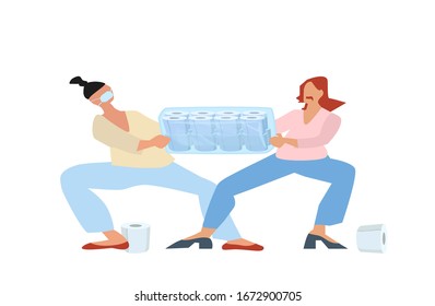 Coronavirus Panic Shopping. Women fighting over a toilet paper during the crisis and pandemic of covid-19. Out of stock. Flat cartoon vector illustration (isolated on white). 