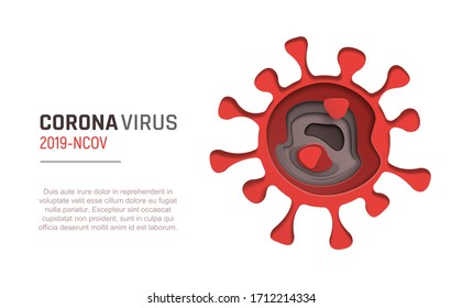 Ilustración vectorial de corte de papel Coronavirus. Celda 2019-NCOV sobre fondo blanco. Molécula Red Covid-19  