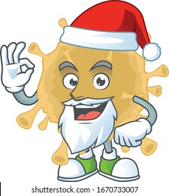 Coronavirus particle cartoon character of Santa showing ok finger