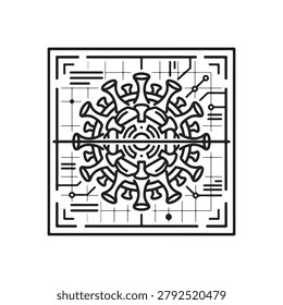 Coronavirus particle icon with digital grid background line art coronavirus
