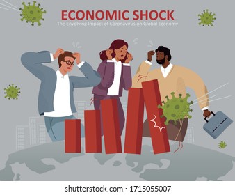 Coronavirus pathogen striking economic bar graph, which shocks many investors around the world, concept of COVID-19 financial crisis in flat style