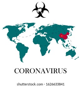  Coronavirus, a pathogen that attacks the respiratory tract.  World map with China highlighted. 