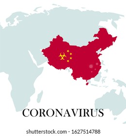 Coronavirus, a pathogen that attacks the respiratory tract. Contagion. Sars. World map with China highlighted.