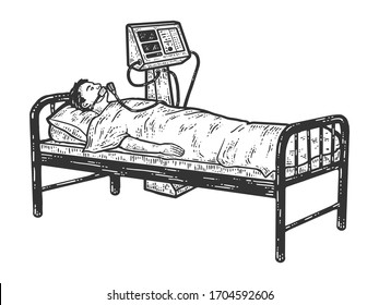 Coronavirus Patient Connected To Ventilator. Sketch Scratch Board Imitation. Black And White. Engraving Vector Illustration