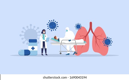 Coronavirus. Patient in hospital. Doctor and nurse. Lungs disease. Vector