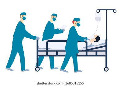 Coronavirus patient in hospital with medical workers in protective clothing. Vector illustration. Concept of novel coronavirus (2019-nCoV), coronavirus quarantine, patient treatment. EPS 10.