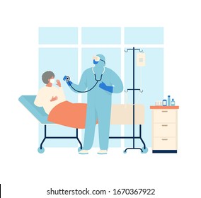 Coronavirus patient is in hospital. Novel coronavirus (2019-nCoV), people in protective special clothingwhite and medical face mask. Concept of coronavirus quarantine vector illustration.