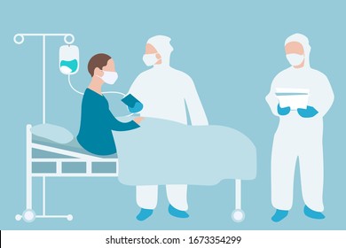 Coronavirus patient in hospital with workers in protective clothing. Vector illustration. Concept of novel coronavirus (2019-nCoV), coronavirus quarantine, patient treatment. EPS 10.
