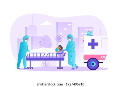 Coronavirus patient is hospitalized by ambulance scene. Doctors in protective suits and medical masks. Covid-19 treatment at clinic concept. Vector illustration of people characters in flat design