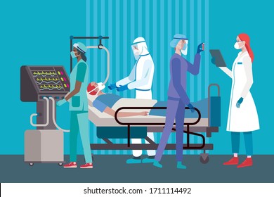 Coronavirus patient on a respirator attended by a team of Female and Male Doctors or Nurses Wearing different Personal Protective Equiment in the ICU of an Hospital.