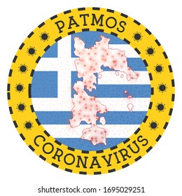 Coronavirus in Patmos sign. Round badge with shape of Patmos. Yellow island lockdown emblem with title and virus signs. Vector illustration.