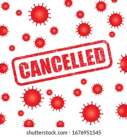 Coronavirus pattern. Cancelled rubber stamp seal text. Red virus disease symbol. Influenza epidemic background texture logo. Sars covid-19 sign. Isolated on white background.