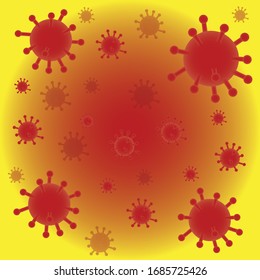 Coronavirus-Muster COVID-19-Viruszelle auf rotem und gelbem Hintergrund. Neuartiges Konzept für den Ausbruch von Coronavirus mit roten, schwimmenden Coronavirus-Zellen. Symbol des Coronavirus-Virus isoliert. Vektorillustration