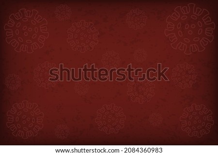 Coronavirus pattern on dark red background with darkening and texture. The pale viruses are different in size.