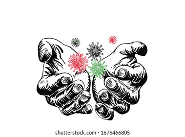 Coronavirus  pattern, virus in hands isolated on white,vector illustration