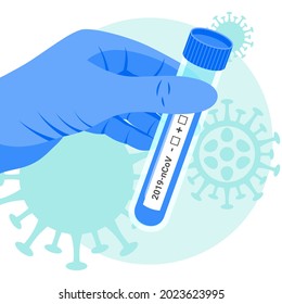 Coronavirus pcr test medical concept. Flat glass test tube, flask in doctor hand. 2019-nCoV corona virus analyzes. Vector illustration