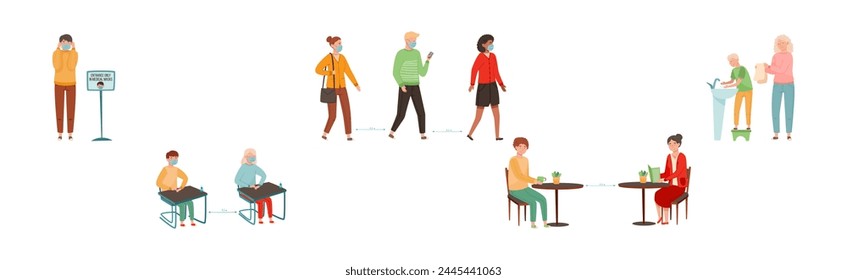 Coronavirus with People Characters Engaged in Protective Measure Vector Set