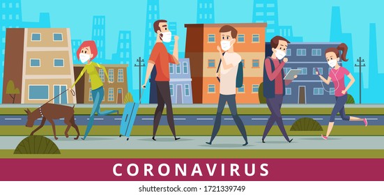 Coronavirus. People in city air nCoV virus protection walking in mask pollution vector healthcare medical concept cartoon background