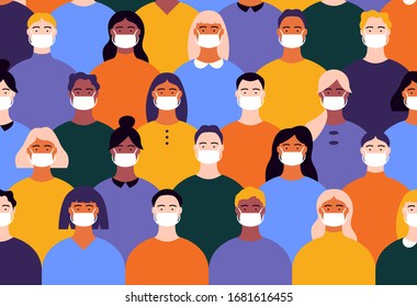 Coronavirus people in masks. Novel China coronavirus2019-nCoV crowd in white medical face mask. Men and women in protection from virus, air pollution, smog. Vector illustration