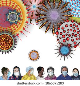 Coronavirus, people in medical face mask and virus floating in the air. Concept of pandemic and quarantine. Flu Influenza, viral infection attacks and mutation. Novel 2019-nCoV, Covid 19. Vector.