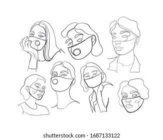 Coronavirus. People in a medical mask. Pandemic virus. Portrait of a woman head silhouette drawn in one continuous line in a minimal graphic style. Trendy modern pencil avatar. 