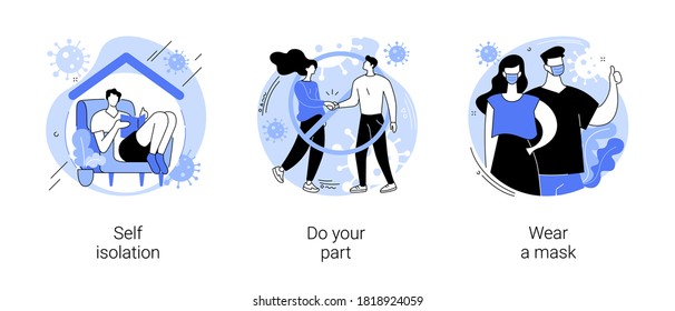 Coronavirus Personal Protection Abstract Concept Vector Illustration Set. Self Isolation, Do Your Part, Wear A Mask, Wash Your Hands, Social Distancing, Infection Exposure Risk Abstract Metaphor.