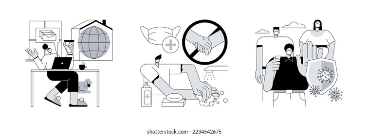 Coronavirus personal protection abstract concept vector illustration set. Self isolation, do your part, wear a mask, wash your hands, social distancing, infection exposure risk abstract metaphor.