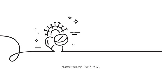 Icono de línea de pastillas de Coronavirus. Una línea continua con curl. Signo de la vacuna de virus Covid-19. Símbolo del virus Corona. Las pastillas de coronavirus son una cinta de esquema simple. Patrón de curva de bucle. Vector