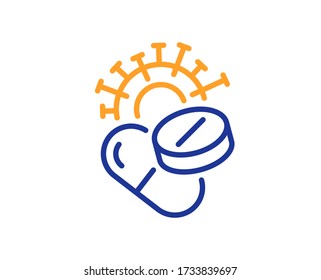 Coronavirus pills line icon. Covid-19 virus vaccine sign. Corona virus symbol. Colorful thin line outline concept. Linear style coronavirus pills icon. Editable stroke. Vector