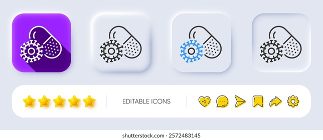 Coronavirus pills line icon. Neumorphic, Flat shadow, 3d buttons. Covid-19 virus vaccine sign. Corona virus symbol. Line coronavirus pills icon. Social media icons. Vector