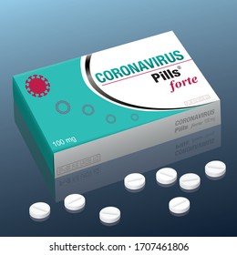 Coronavirus pills, a medical fake package product concerning covid 19 infection, symbolic for business of big pharma industry. Isolated vector illustration on white background.

