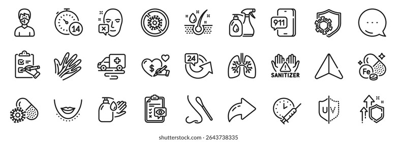 Coronavirus pills, Medical mask and Uv protection line icons pack. Share, Message, Paper plane icons. Wash hands, Veins, Stop coronavirus web icon. Vector