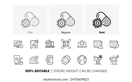 Coronavirus pills, Notification and Decreasing graph line icons. Pack of Electronic thermometer, Recovery cloud, World planet icon. Calendar, Sunscreen, Alcohol addiction pictogram. Line icons. Vector