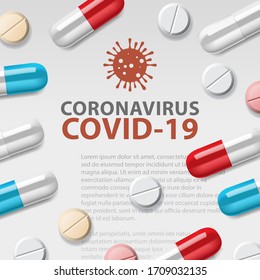 Coronavirus pills vector illustration. Pandemic concept medicine illustration. Coronavirus outbreak. 2019-nCoV background. Medical design element
