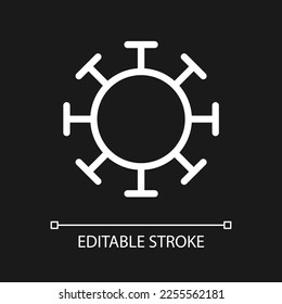 Coronavirus píxel blanco perfecto icono ui lineal para el tema oscuro. Virus. Agente infeccioso. Pictograma de la línea del vector. Símbolo de interfaz de usuario aislado para el modo nocturno. Trazo editable. Tipo de letra arial utilizado