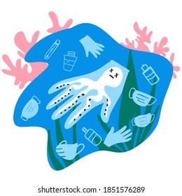 Coronavirus plastic waste pollution. Vector flat illustration for World Environment Day. ecological disaster. Sea garbage - face masks, latex gloves, plastic bottles. Dead octopus.