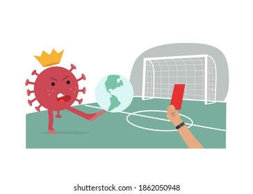Coronavirus plays football, earth, empty soccer stadium. Soccer, football referee shows redcard. Cancellation of football events, soccer matches 2020 Coronavirus infection, covid-19.  Vector.