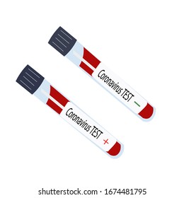 Coronavirus positive and negative test,  two tube  with blood. Awareness, illness, blood, disease, health, prevention. Novel coronavirus COVID-19 in the blood vector illustration isolated 