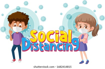 Coronavirus poster design with children and word social distancing illustration