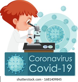 Coronavirus poster design with doctor looking through microscope illustration