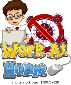 Coronavirus poster design with man working at home illustration