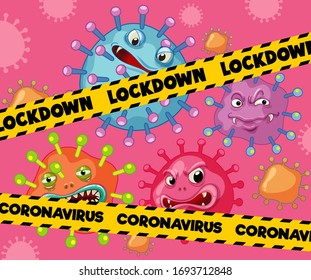 Diseño de afiches de Coronavirus con células de virus e ilustración del bloqueo de palabras