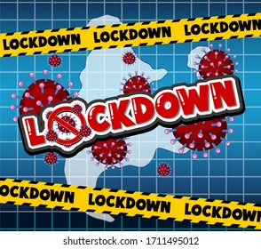 Coronavirus poster design with word lock down and virus cells illustration