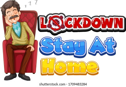 Coronavirus poster design with word lockdown and man sleeping on chair illustration