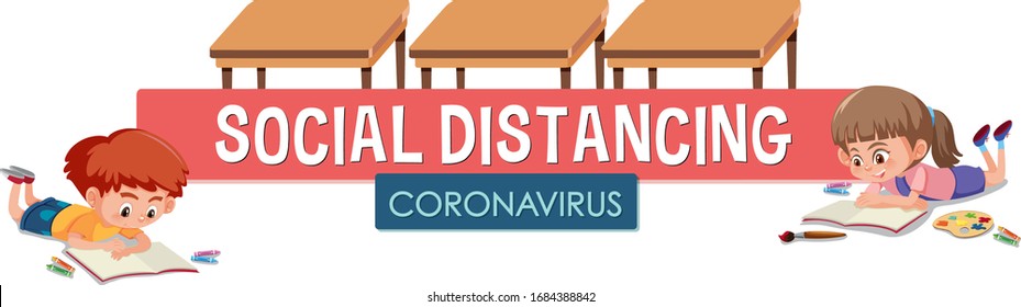 Diseño de afiches de Coronavirus con distanciamiento social de la palabra y niños en la ilustración en el aula