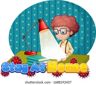 Coronavirus poster design for word stay at home with boy doing homework illustration