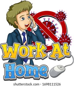 Coronavirus poster design with word work at home with man on the phone illustration