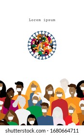 Coronavirus poster. Novel coronavirus -2019-nCoV-, people in white medical face mask. 
Virus cell